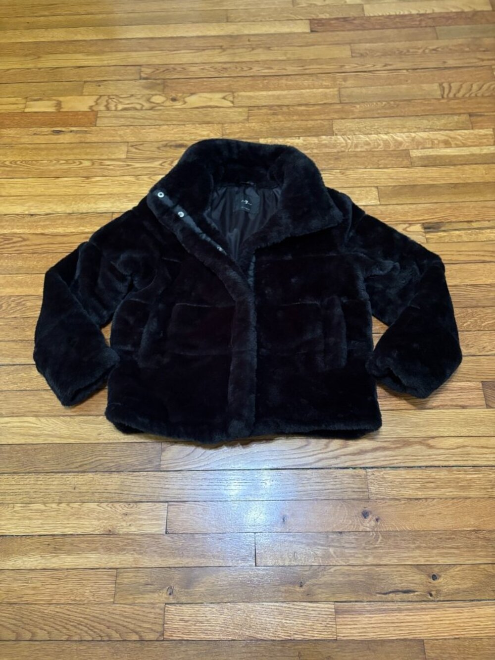 7 for all Mankind Womens Faux Fur Coat Sz XL Black Zip Snap Pockets Lined